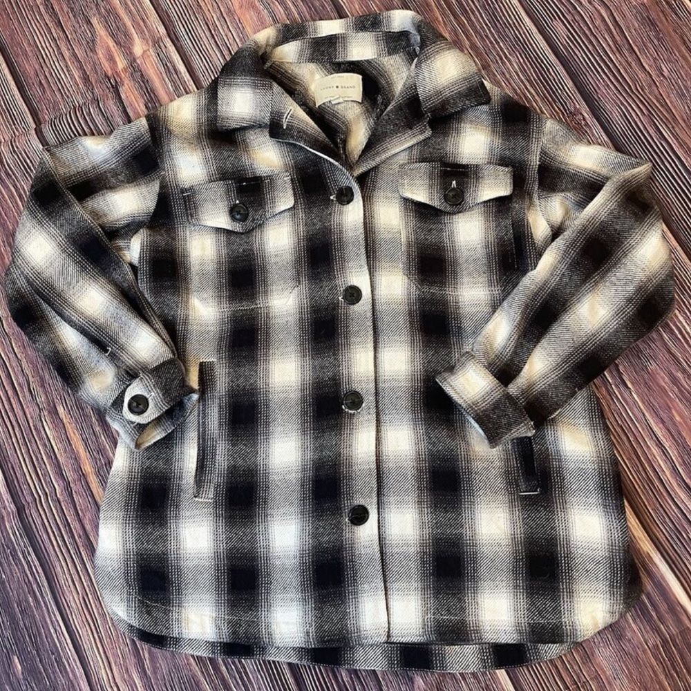 NWT LUCKY BRAND black & white plaid long flannel Shacket coat size medium
